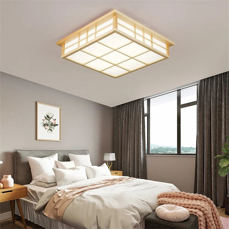 Plafonniers carrés en bois japonais salon moderne éclairage De plafond cuisine Restaurant luminaire LED lampara De Techo