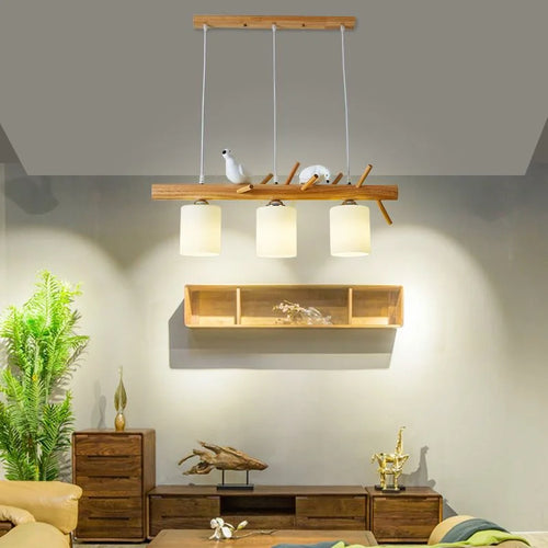 lustre en bois japonais abat-jour en verre décoration intérieure - vue 3 sur 16