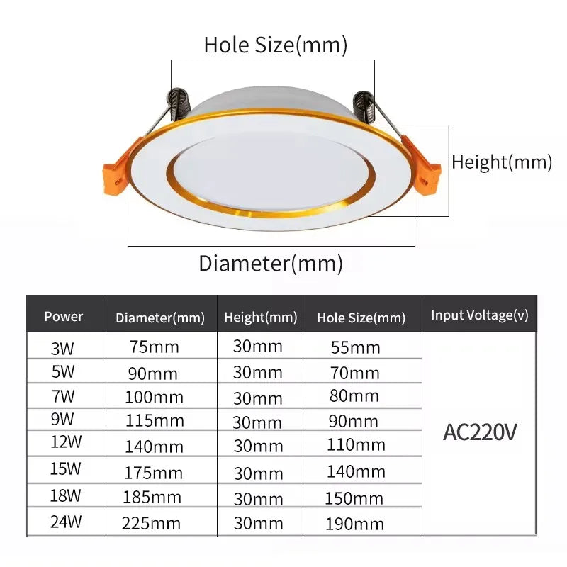 Luz descendente LED empotrada en el techo, lámpara blanca fría y cálida AC220V 3 colores de atenuación, 5W 7W 9W12W 15W 18W 24W - vue 6 sur 9