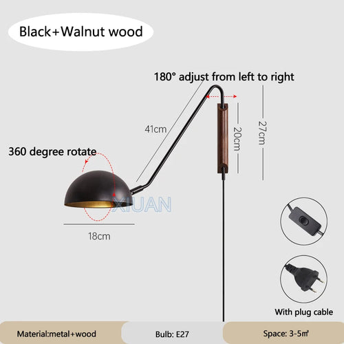 Nordic Bedroom Bedside Wall Lamps Plug In Wall Sconce Black White Iron Lampshade Swing Long Arms Wall Mounted Light E27 - vue 11 sur 14