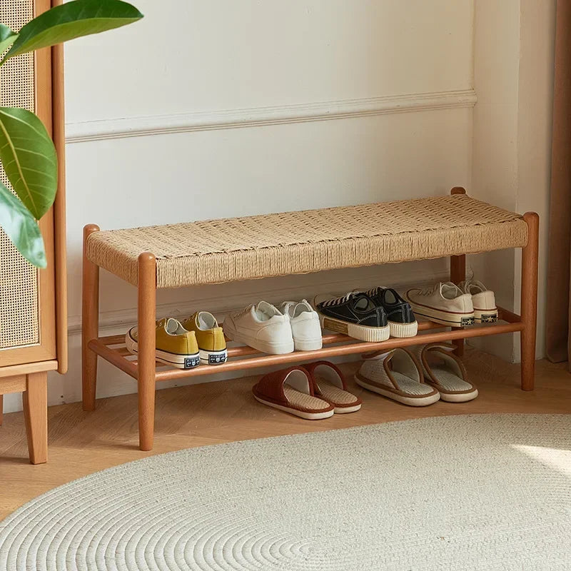 tabouret à chaussures en bois massif tressé en rotin style rétro moderne - vue 3 sur 9