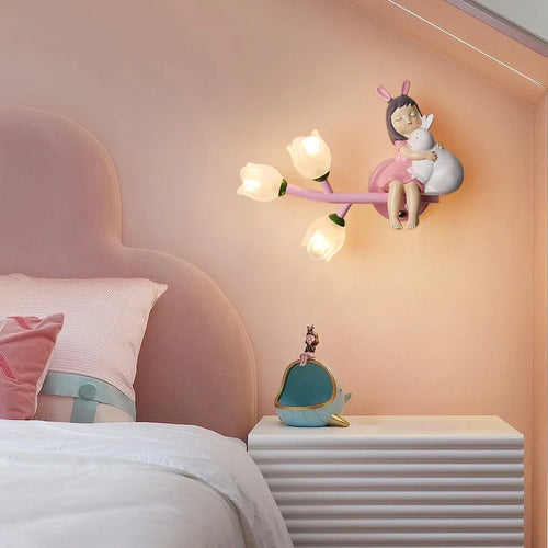 applique murale fille lapin g4 led fleur