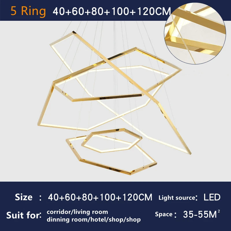lustre de luxe minimaliste géométrique en or avec led