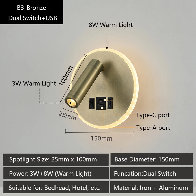 applique murale led moderne avec ports usb et lampes de lecture réglables - vue 12 sur 16