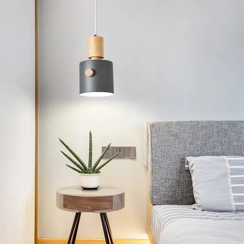 Suspension en bois nordiques LED Macaron à tête unique lampe décorative d'intérieur suspendue pour salon salle à manger luminaires de chambre à coucher - vue 4 sur 9