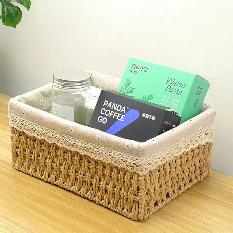 panier de rangement tissé en rotin avec doublure amovible décorative - vue 3 sur 12