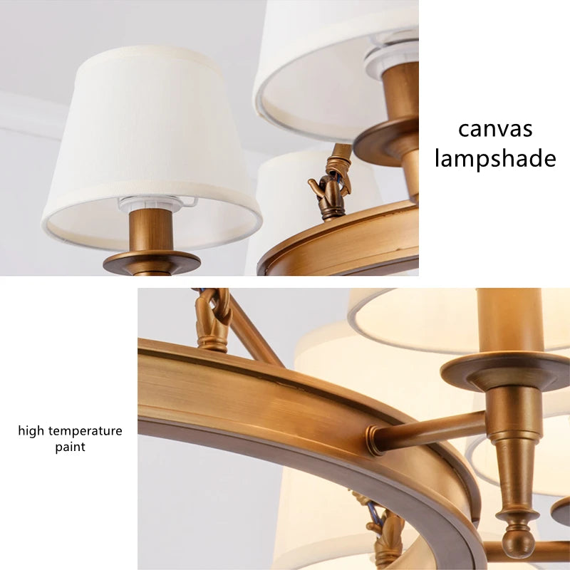 Abat-jour en tissu LED lustre Style américain minimaliste tout en cuivre chambre cuisine éclairage salon plafonnier luminaire - vue 7 sur 8