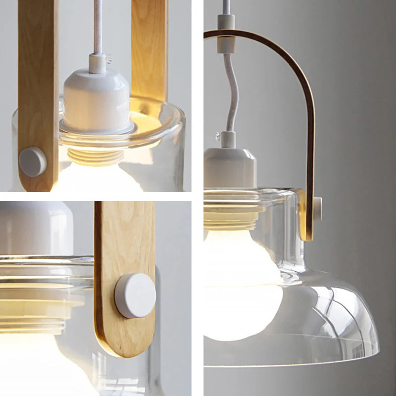 suspension moderne en verre transparent avec ampoule en bois - vue 5 sur 8