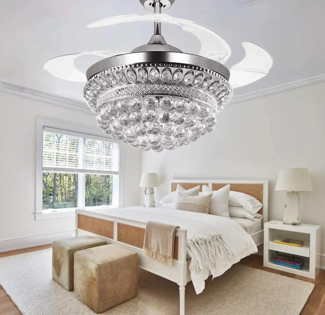 lustre ventilateur chromé en cristal avec lumière led changeante - vue 6 sur 8