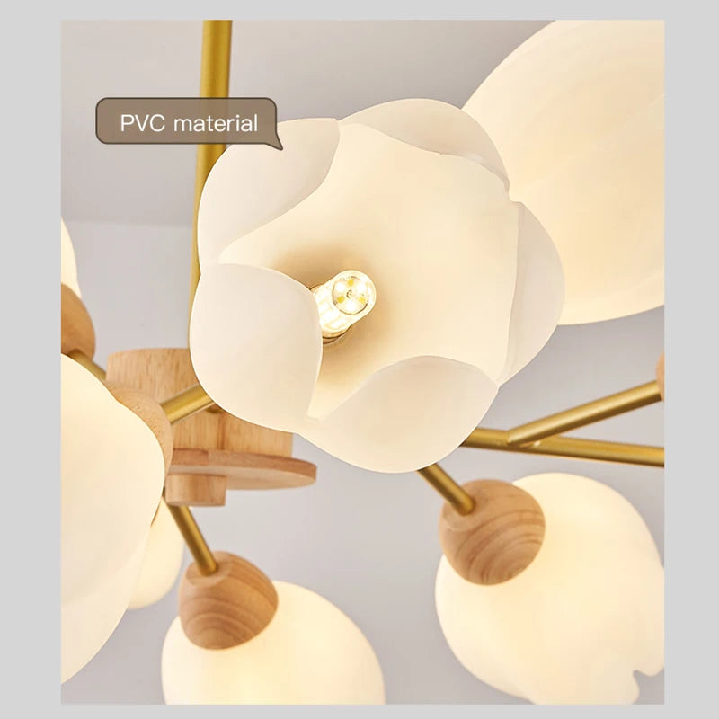 lustre nordique en bois avec lumière en forme de fleur - vue 6 sur 9