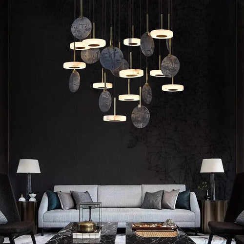lustre led art déco en bois et marbre design élégant et moderne - vue 9 sur 11