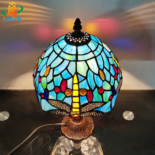 lampe de chevet libellule bleue style européen décoration antique - vue 5 sur 8