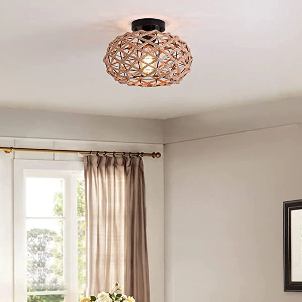 lustre de plafond en corde de chanvre fait main style industriel rétro - vue 10 sur 15