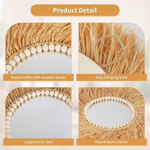 miroir décoratif en perles de bois fait main style bohème - vue 5 sur 7
