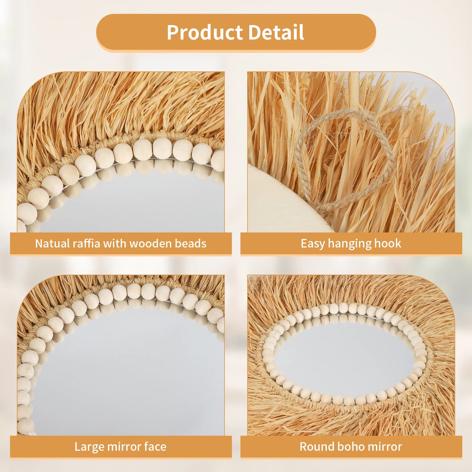 miroir décoratif en perles de bois et bambou fait main - vue 6 sur 7