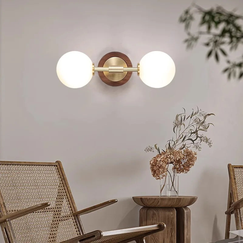 Walnut Wood Glass Sphere Brass, Wabi-sabi Simple Modern Vintage style, Wall Sconce lighting for Bedroom, Bedside, Dining Room - vue 3 sur 8