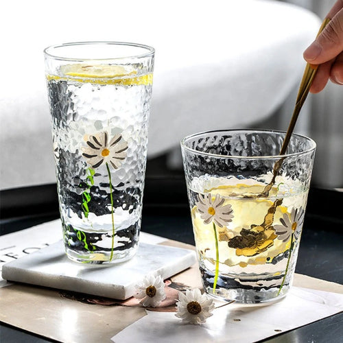verre martelé motif marguerite pour boissons résistant chaleur