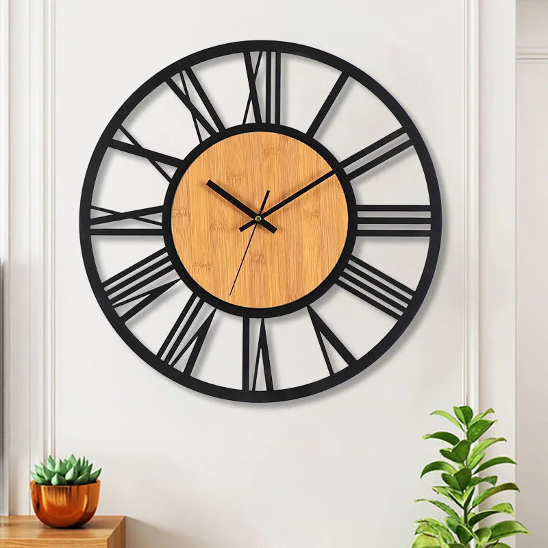 horloge murale 3D rétro avec chiffres romains en bois et métal - vue 5 sur 7