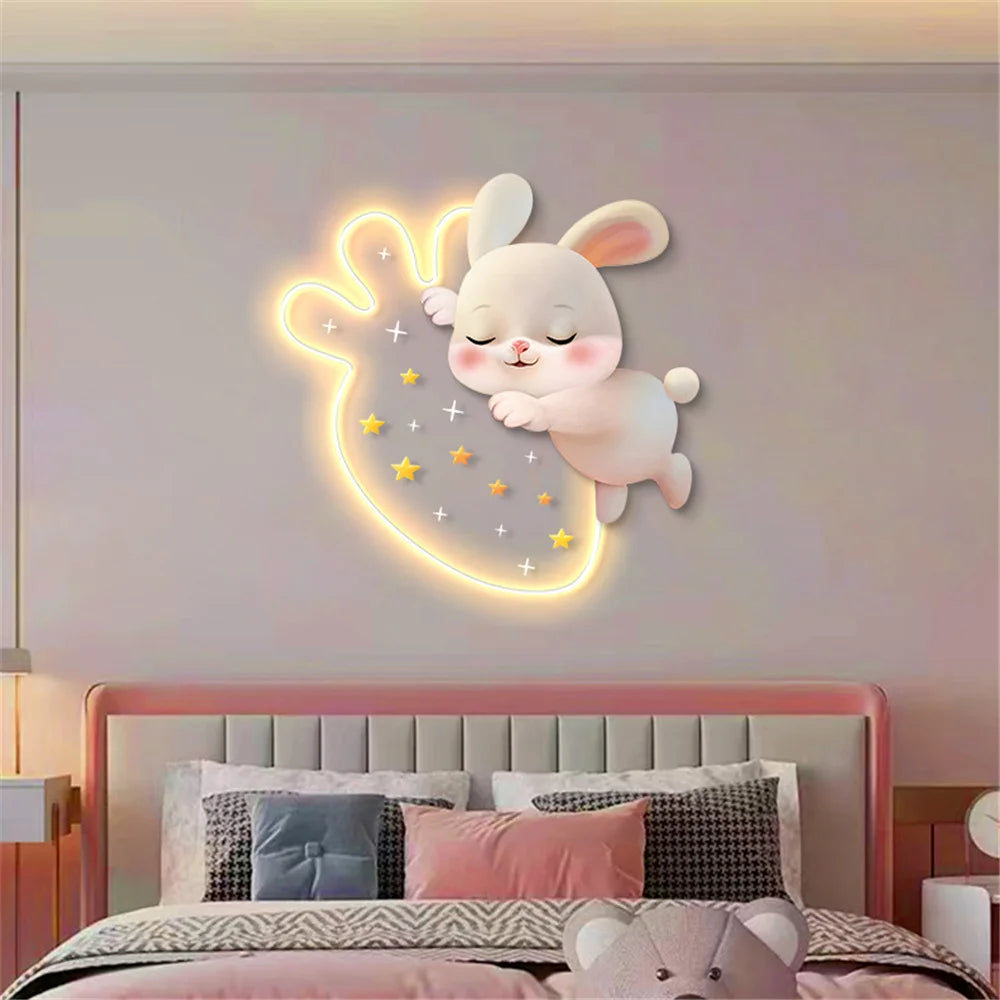Dessin animé fraise lapin peinture décorative applique murale LED lampe filles chambre chevet atmosphère lumière enfants acrylique murale appliques - vue 4 sur 8