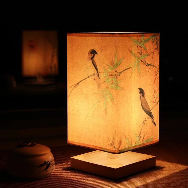 lampe de table vintage en bois décorative avec paysage peint