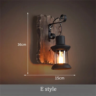 applique murale industrielle vintage en bois avec abat-jour en métal et verre - vue 12 sur 19