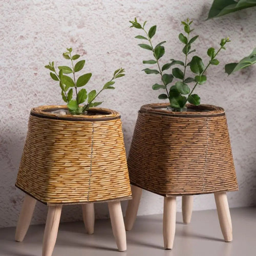 pot de fleurs rotin tressé créatif avec pieds amovibles et support durable