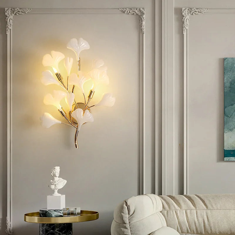applique murale led en céramique avec motif de fleurs romantiques et feuilles