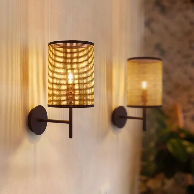applique murale style wabi sabi japonais vintage en rotin fait main