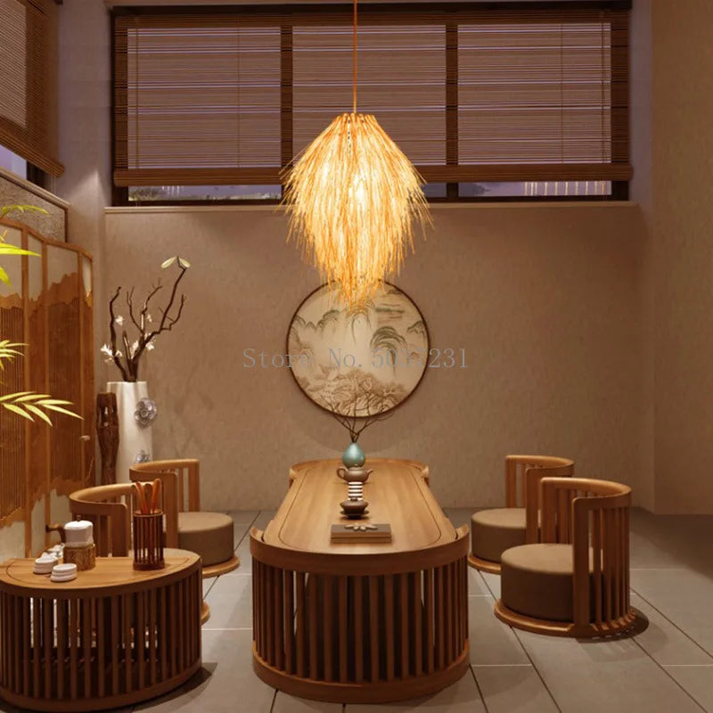 lustre en rotin tissage bambou chapeau de paille lampe pastorale décor salle - vue 6 sur 7
