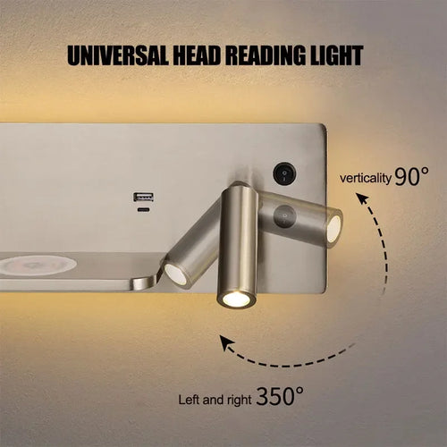 USB LED charge sans fil applique murale or luxe lecture applique murale maison hôtel chambre salon multi-fonction avec interrupteur - vue 5 sur 13