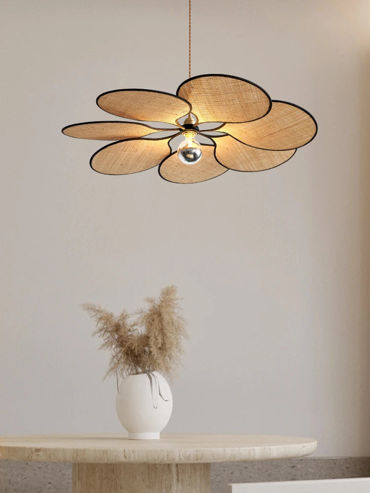lustre à LED tissé en paille de fleur japonaise pour décoration intérieure - vue 3 sur 9
