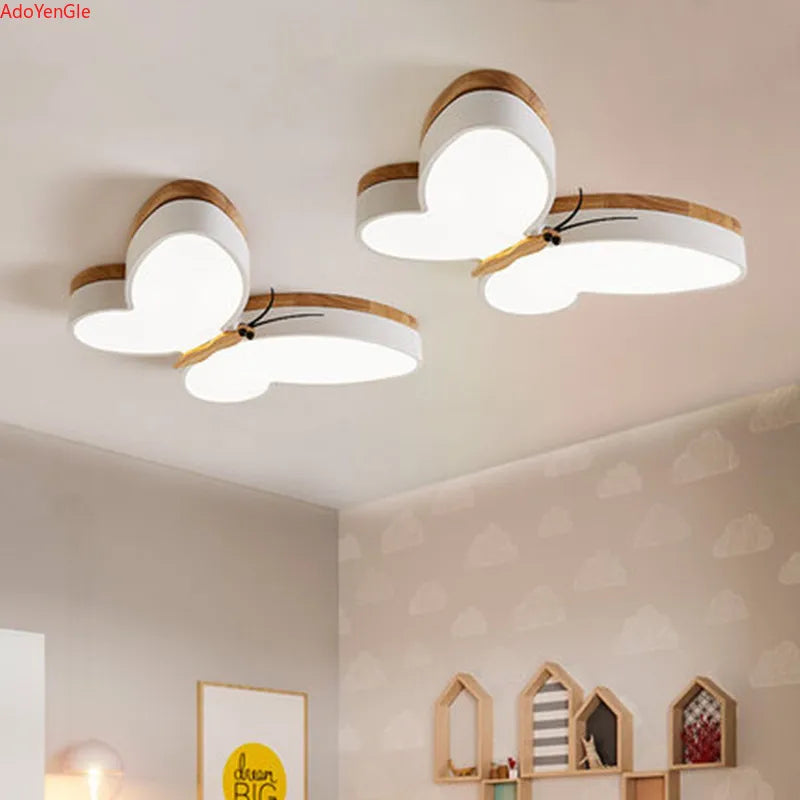 lustre moderne en bois avec papillon led pour enfants