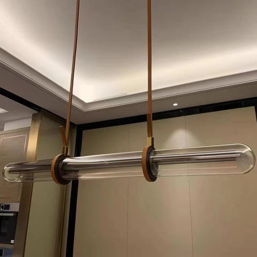 lustre long design moderne décoration maison led luxe cuir verre - vue 7 sur 7