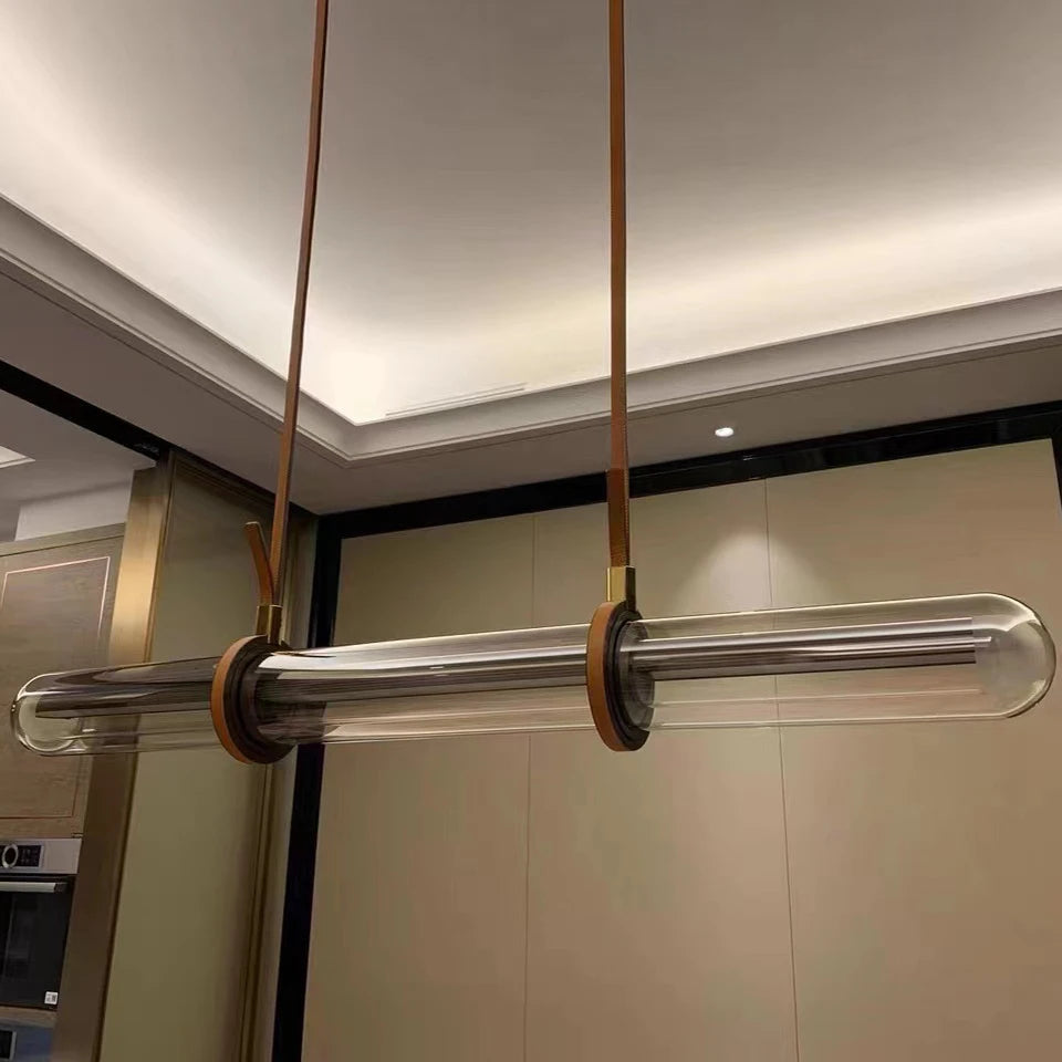 lustre long design moderne décoration maison led luxe cuir verre - vue 7 sur 7