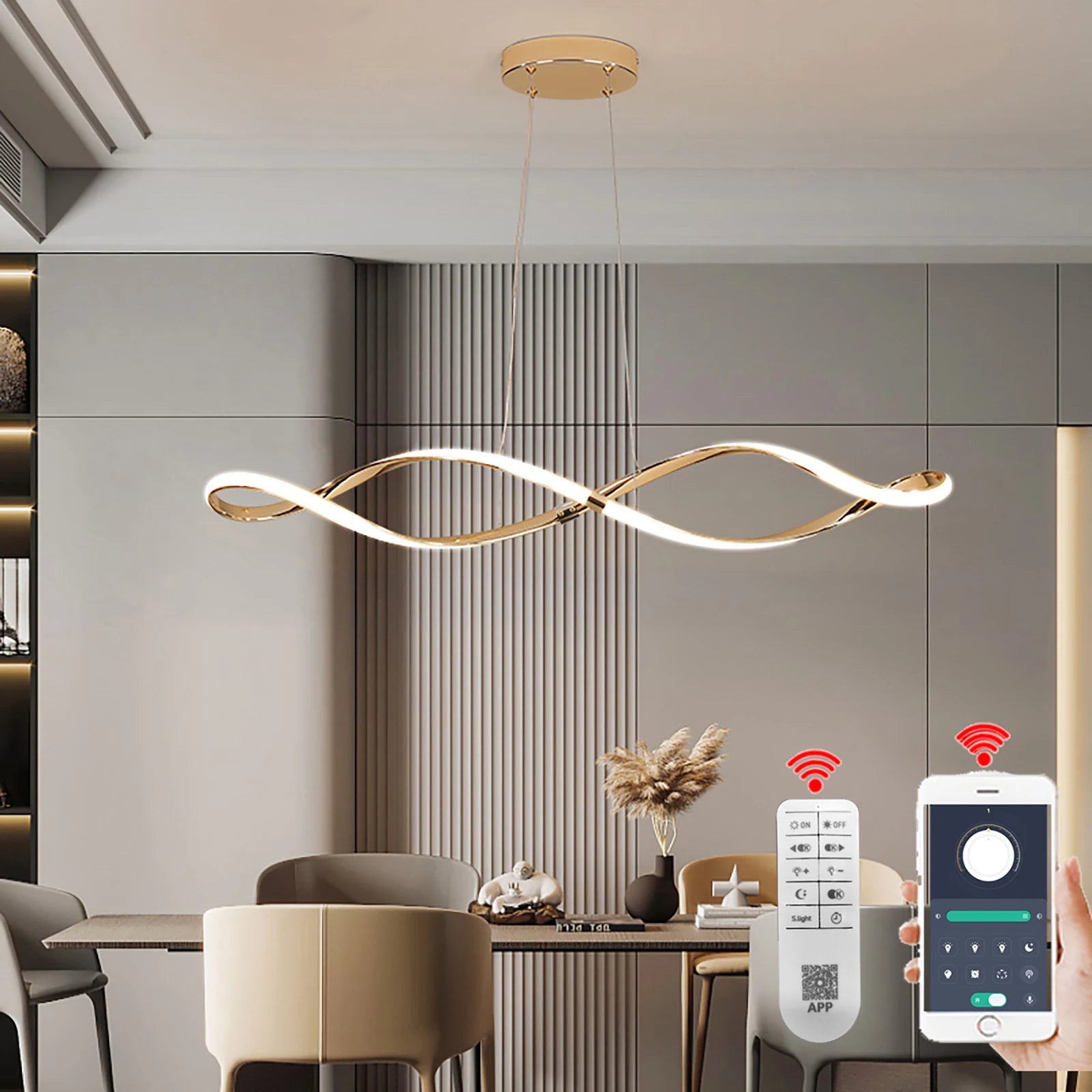 lustre led moderne suspendu avec éclairage et télécommande - vue 4 sur 8