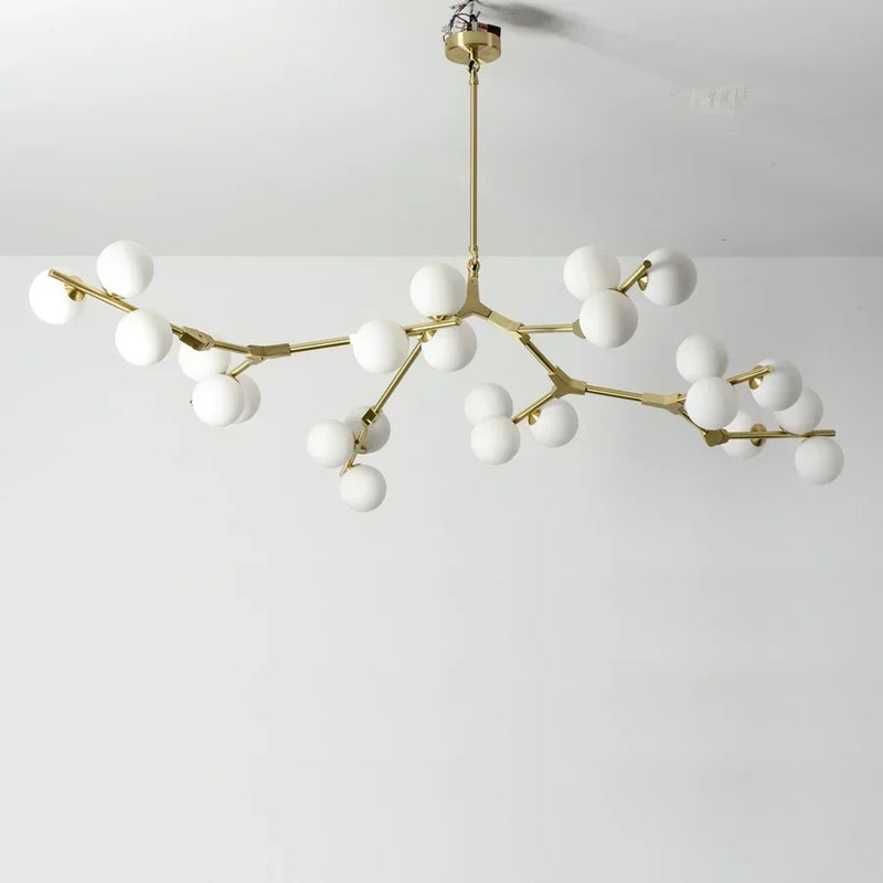 lustre moderne led avec branches d'arbre et boules de verre