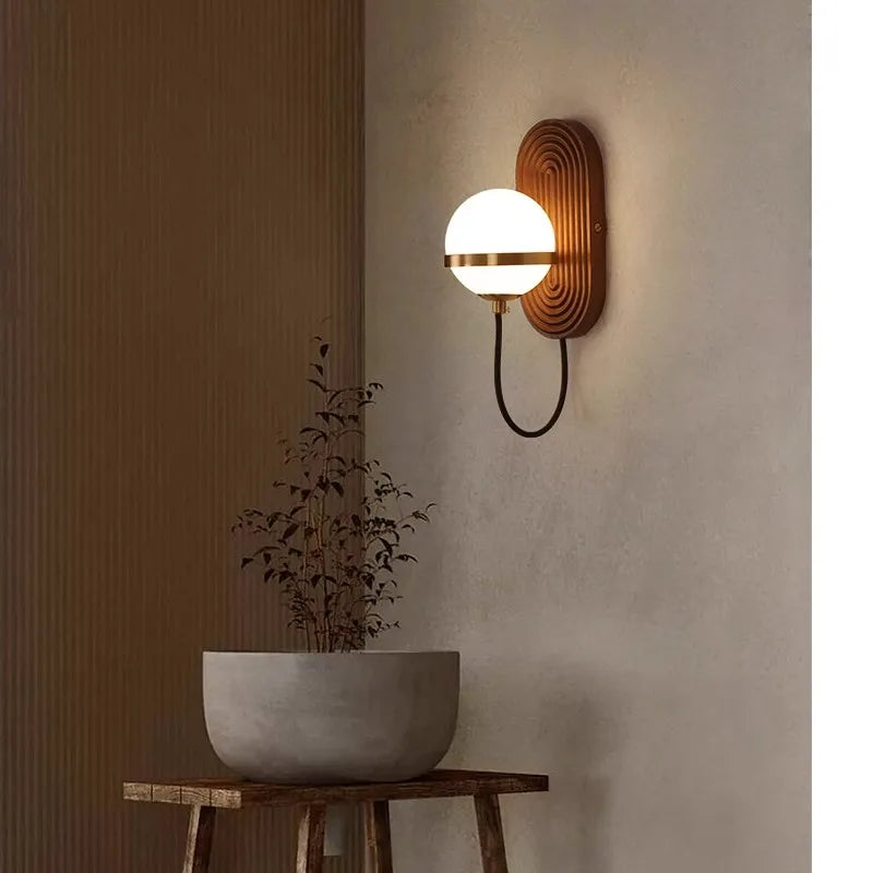 Walnut Wood Circular Sphere, Wabi-sabi minimalist Modern style, Wall Sconce light for Bedroom, Bedside, Living, Dining Room - vue 4 sur 8