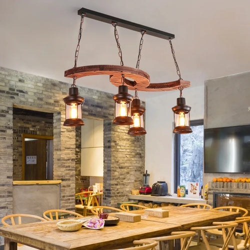 lustre industriel rétro 4 têtes en bois et fer pour café bar loft - vue 2 sur 7