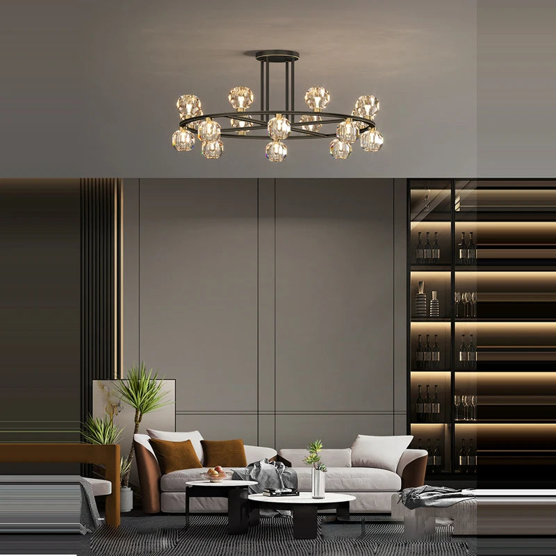 plafonnier art déco doré noir design en cristal - vue 3 sur 24