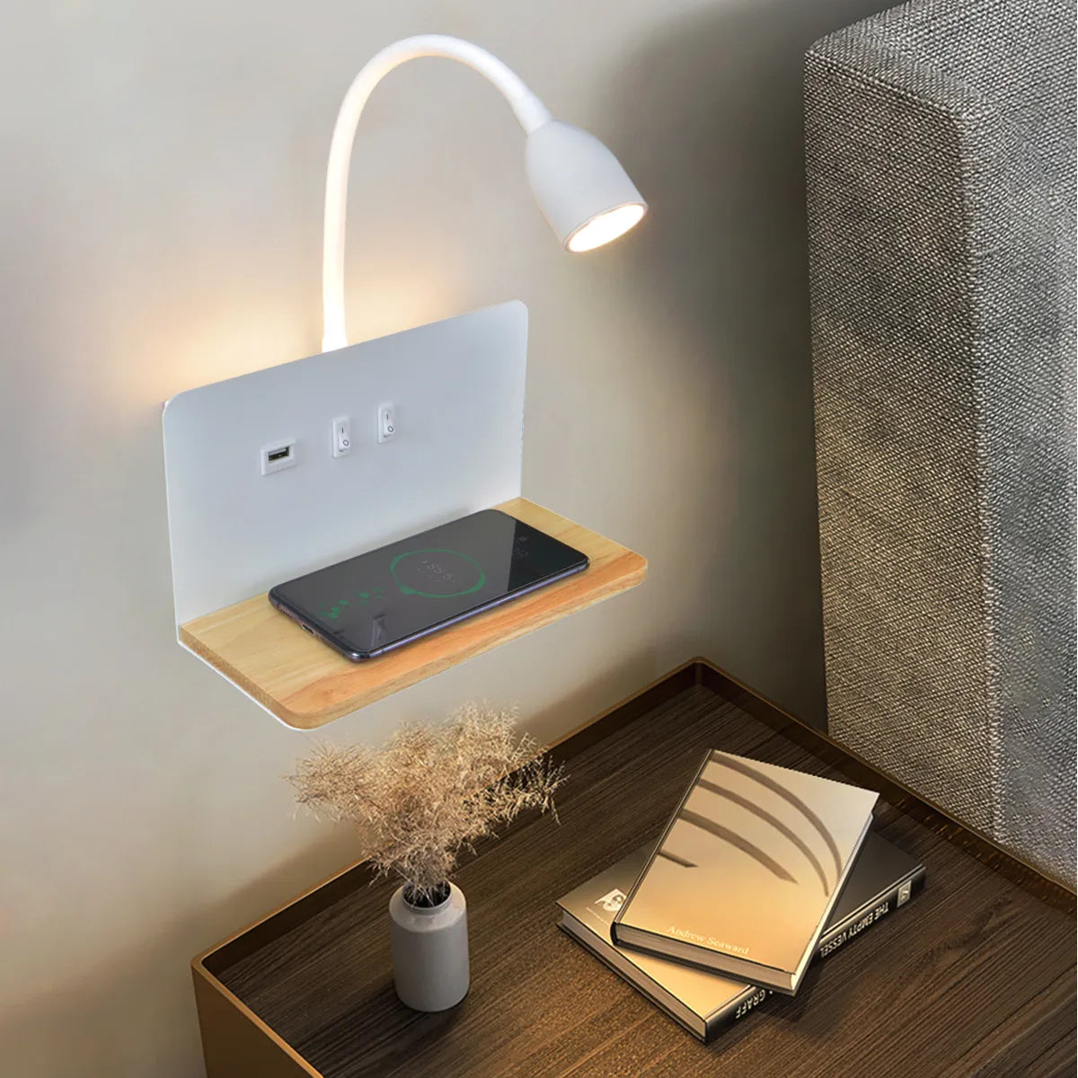 applique murale led intérieur usb sans fil moderne rotative 360° interrupteur veilleuses chevet - vue 2 sur 8