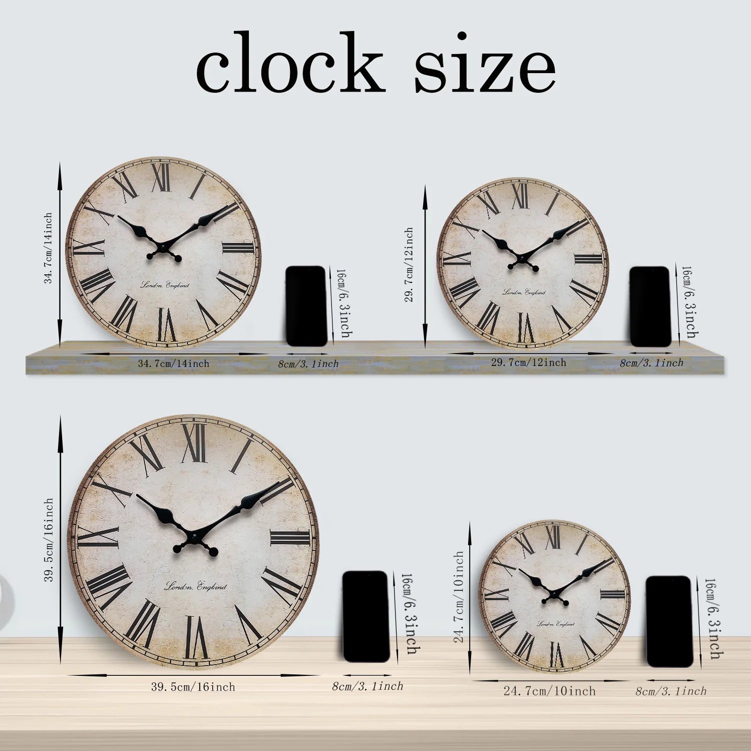 horloge murale en bois rétro à chiffres romains silencieuse et décorative - vue 3 sur 7