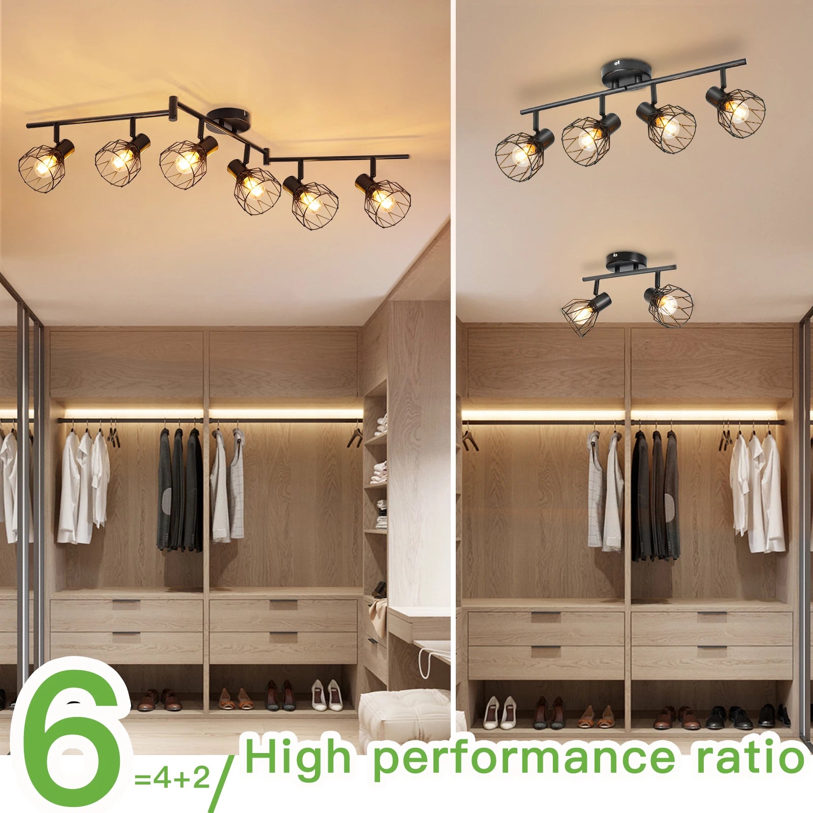 Plafonnier LED 6 voies rotatif - Lumières noires/blanches - Luminaires de plafond - Cage métallique pour plafond E14 - Spot de plafond - vue 6 sur 8