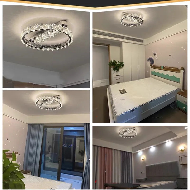 lustre moderne en acier inoxydable chrome avec éclairage en cristal