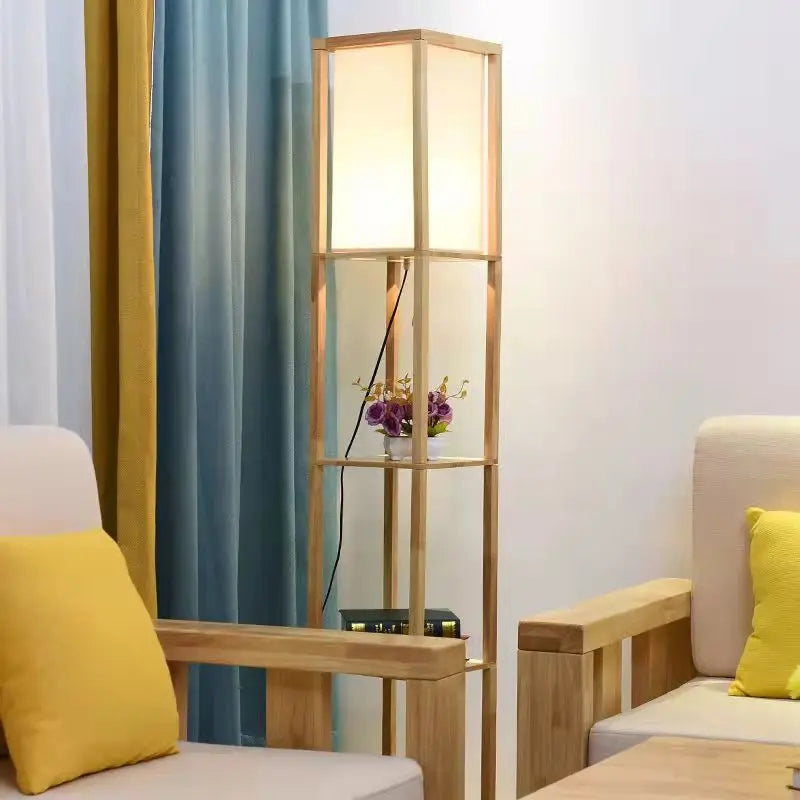 lampadaire LED étagère de rangement Nordic tissu bois massif lampe sur pied pour salon chambre bibliothèque fleur support interrupteur à tirer - vue 3 sur 7