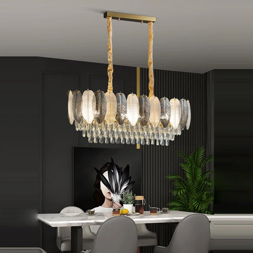 lustre suspendu led art déco avec plumes blanches et grises - vue 7 sur 17