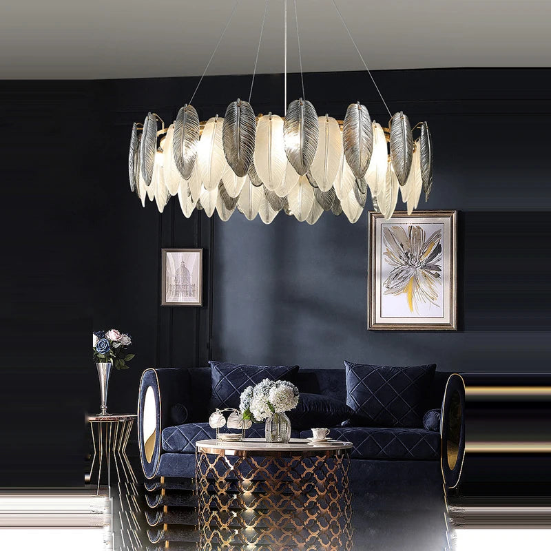 lustre suspendu led art déco en cristal et plumes blanches et grises