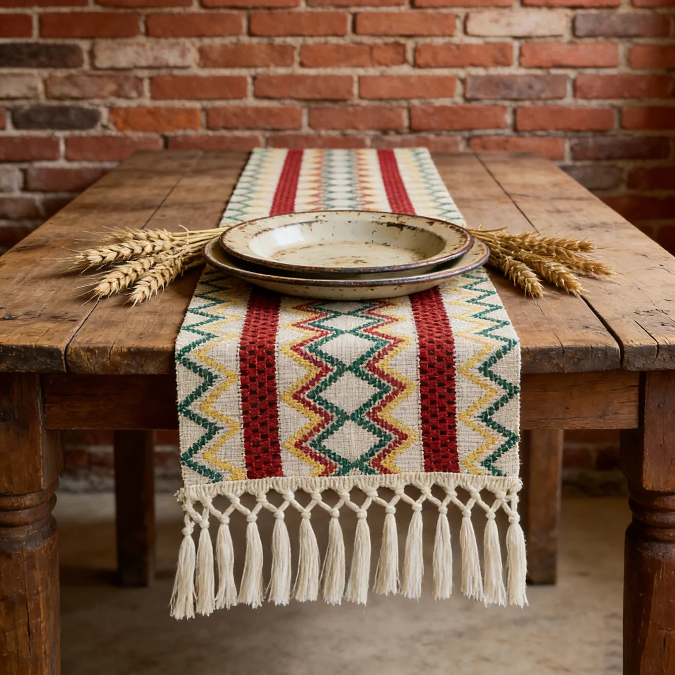 Chemin de table bohème motif aztèque à pompons - vue 6 sur 7