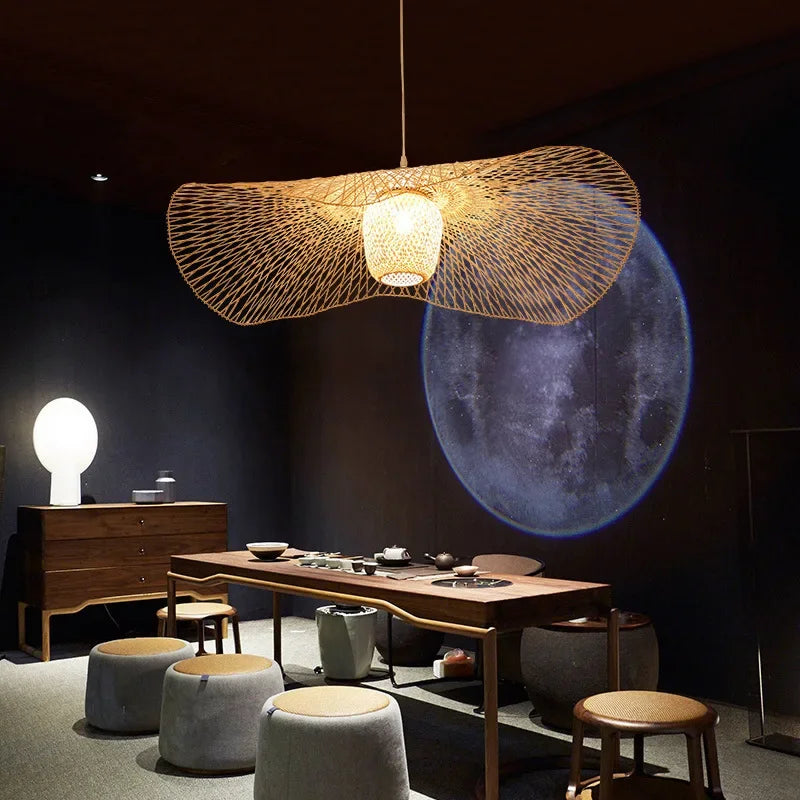 Suspension en bambou de style japonais créative pour salle à manger de restaurant E27