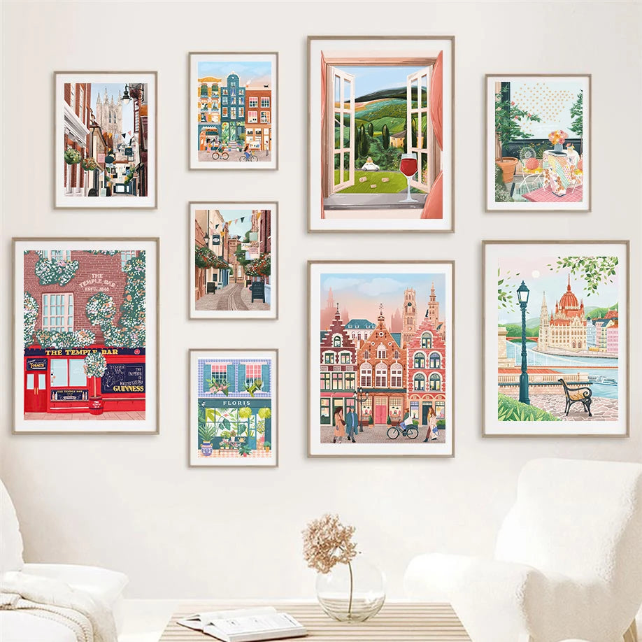 aquarelle art mural ville côtière saloon décor moderne - vue 3 sur 7