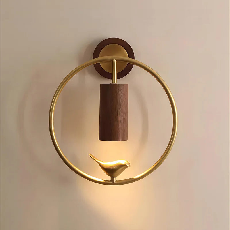 Walnut Wood Circle Brass bird, Wabi-sabi Modern style, Wall Sconce light for Bedroom, Bedside, Living, Recreation, Study - vue 4 sur 8